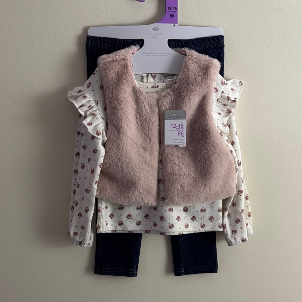 Primark Girls Pink Faux Fur Vest & Floral Top Set